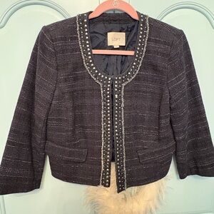 LOFT Women's Navy Blue Blazer with Beaded Trim